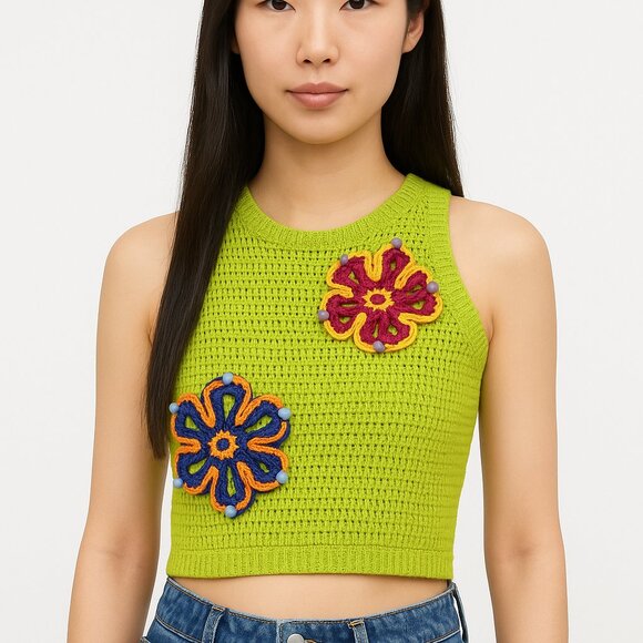 Zara Lime Green Floral Crocheted Vest Sz S Preppy Spring Colorful Bright Peasant - Picture 1 of 7